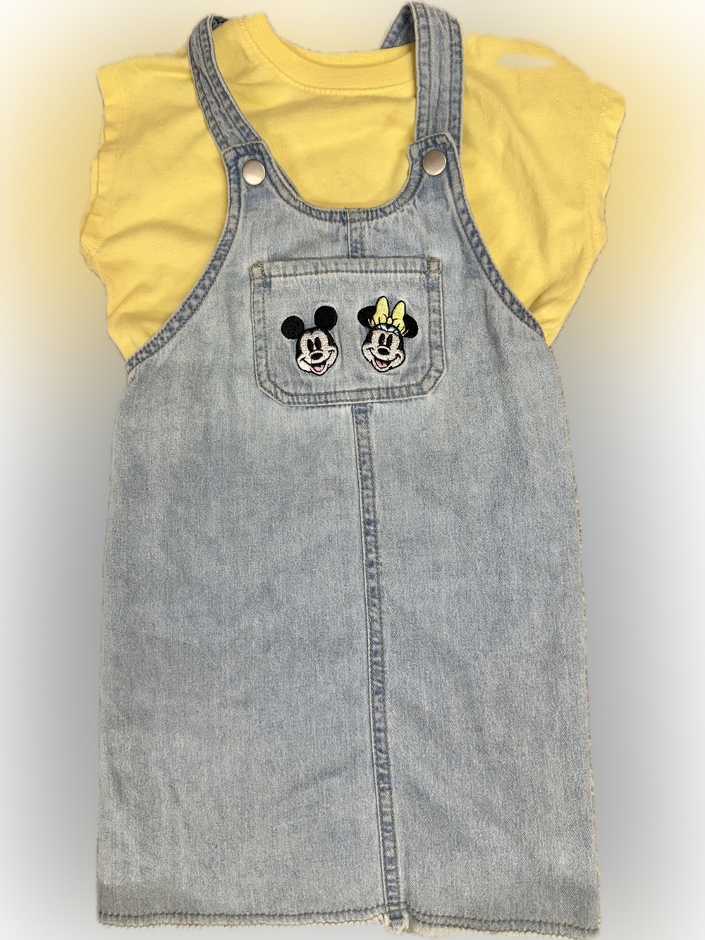 DISNEY Mickey & Minnie Mouse Toddler Girl Embroidered Denim Dress Set